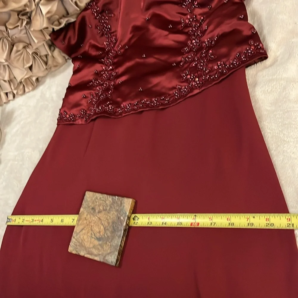 Rebecca Women’s Burgundy Merlot Dark Red Beaded Satin Sheer Formal Prom Gown L